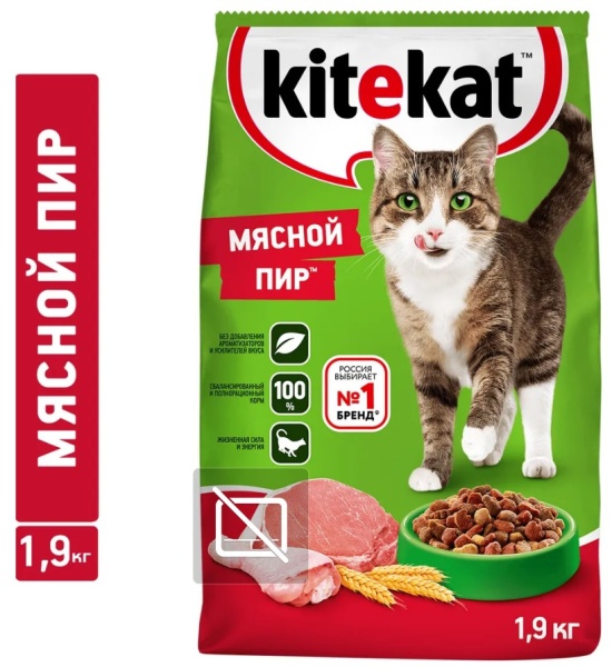 Корм сухой полнорационный Kitekat для взрослых кошек «Мясной Пир»