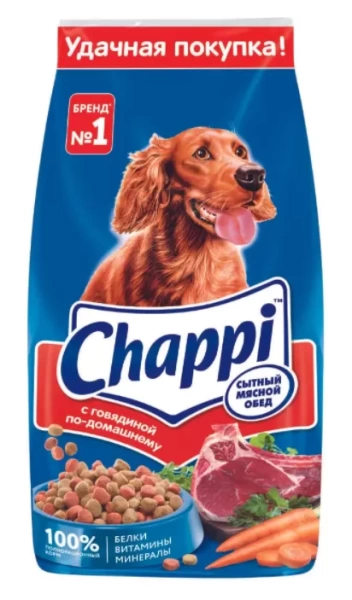 Сухой корм полнорационный Chappi для взрослых собак всех пород. «Сытный мясной обед. С говядиной по-домашнему»