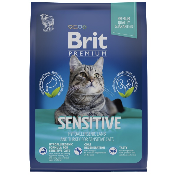 Сухой корм Brit Premium Cat Sensitive для взрослых кошек с чувствительным пищеварением с ягненком и индейкой